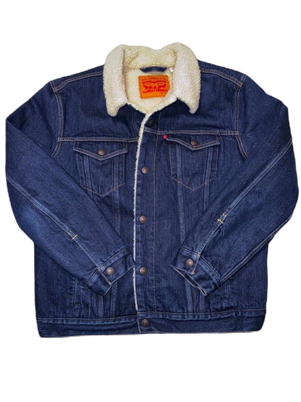 Levi’s XL Denim Jean Jacket Sherpa Lined Trucker Dark Blue Classic Western EUC